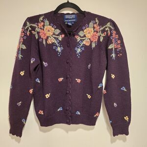 Herman Geist Cardigan Sweater Hand Embroidered 50% Wool Plum Floral Small Petite
